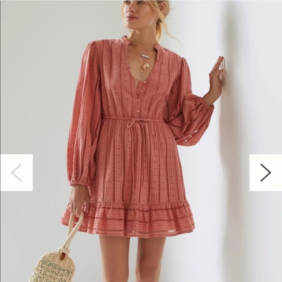Forever That Girl Dresses & Skirts - Forever That Girl Anthropologie mini dress Pink Coral Eyelet Long Sleeves Medium